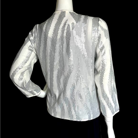 CHICO’S Women White Sheer Silver Beads in Geometric design Light jacket Size 0 - Picture 8 of 12